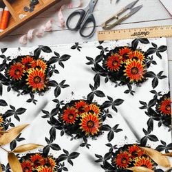 Ткань шифон цветы с черными листиками