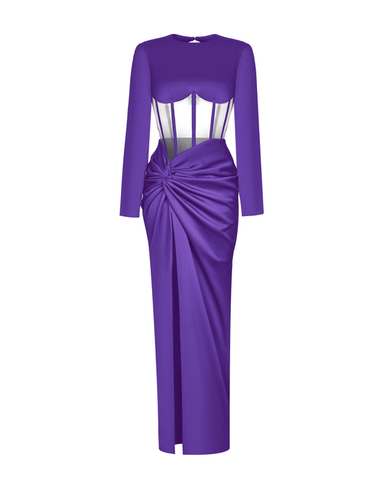 Платье макси корсетное драпированное из сатина с длинными рукавами