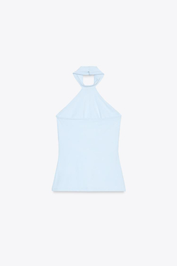 ZARA ТОП ИЗ ПОЛИАМИДА С ГОРЛОВИНОЙ ХАЛТЕР, ГОЛУБОЙ