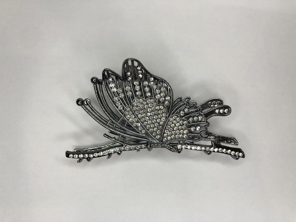 Заколка для волос краб "Бабочка" со стразами. Черная .Усиленная.