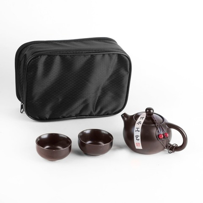 242024Y2 УЦЕНКА Сервиз ДОРОЖНЫЙ "Сиши+2", Чайник 200мл + 2 пиалы 50мл в сумке, черный, фарфор