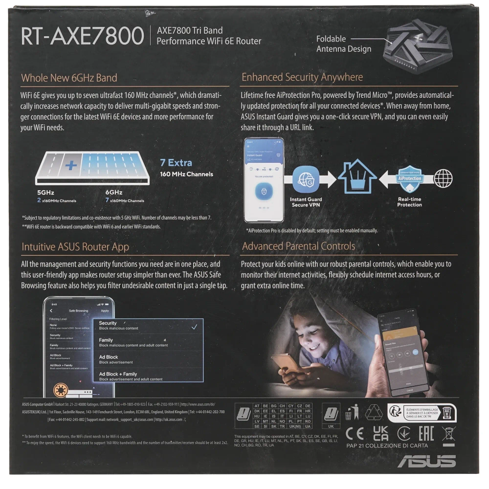 Wi-Fi-роутер ASUS RT-AXE7800, 5 LAN-портов, 6 внешних антенн, 2,4/5 ГГц