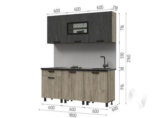 Кухня Эдинбург ЛДСП 1.8 (дуб крафт серый/железный камень)