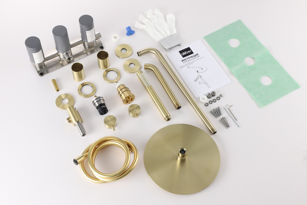 Душевая система ABBER Wasser Kreis 316 AF8150BG скрытого монтажа с изливом, термостат, золото брашированное