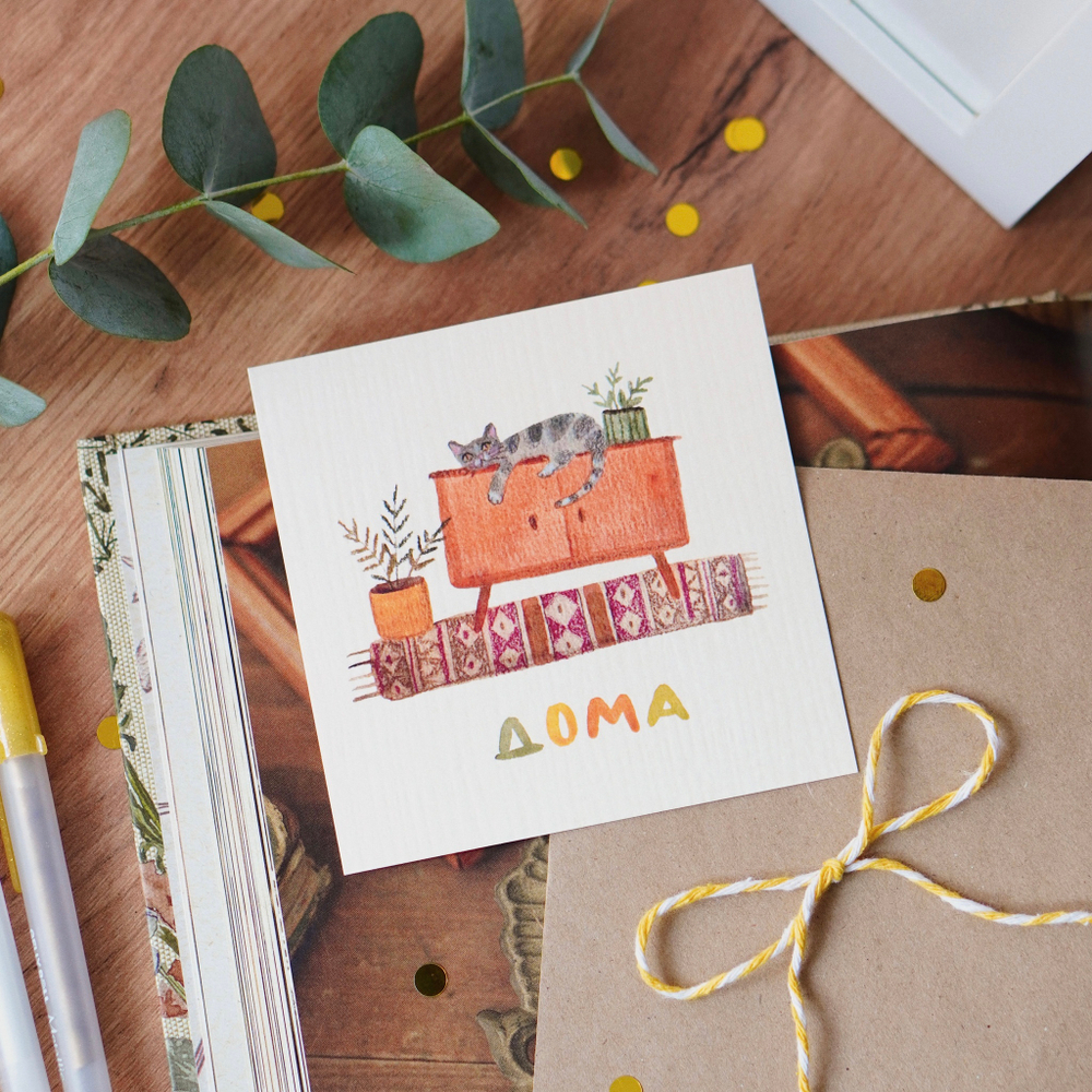 открытка "котик на комоде"