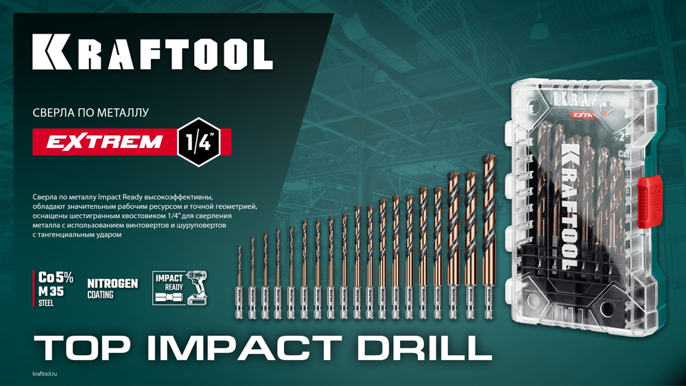 KRAFTOOL НЕХ-1/4″, d 2,0 х 60 мм, сверло по металлу для винтовёртов и шуруповертов IMPACT READY (29652-2)