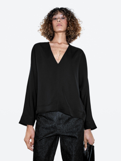 Massimo Dutti Вид Блузка с V-образным вырезом и драпировкой, черный