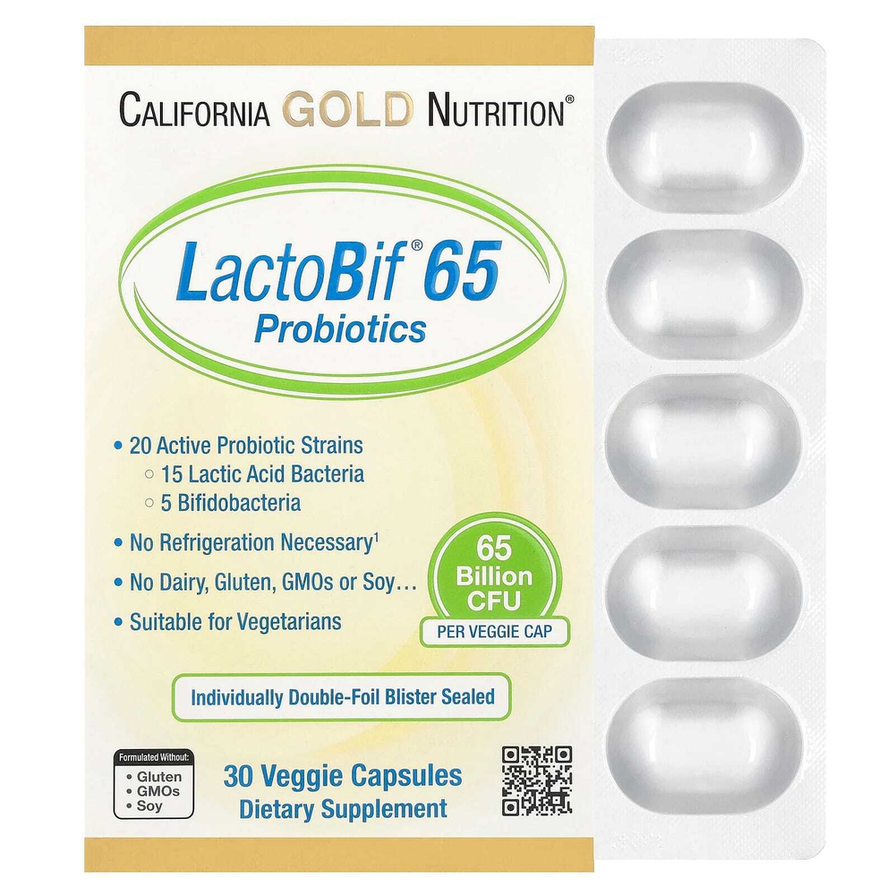 California Gold Nutrition, LactoBif® 65, пробиотики, 65 млрд КОЕ, 30 растительных капсул