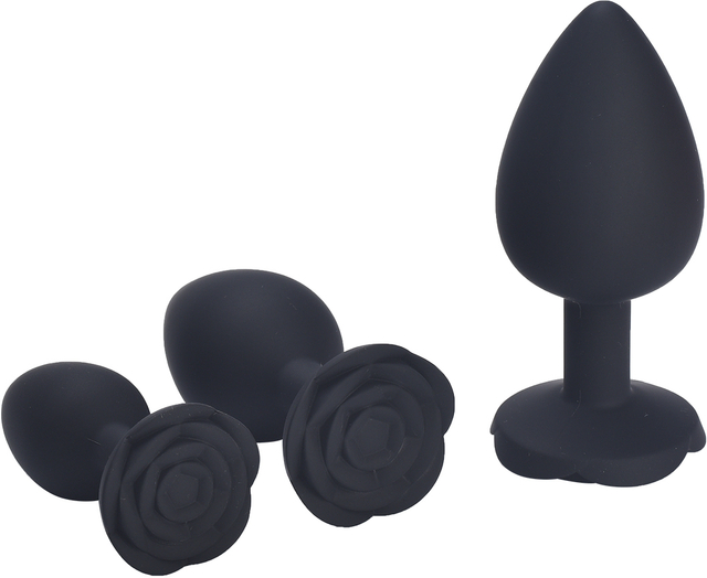Чёрная силиконовая анальная пробка с ограничителем в форме розочки (Размер L)