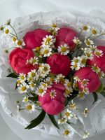 Букет из пионов сорта Корал Шарм и ромашки