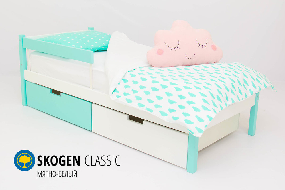 Детская кровать тахта с бортиком и ящиками Бельмарко Svogen мятно белый