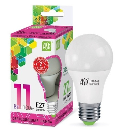 Лампа светодиодная ASD, 11Вт, груша А60, Е27, 220В, 6500К(холодный свет)