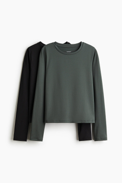 H&M Комплект из двух спортивных футболок с длинными рукавами, темно-зеленый/черный