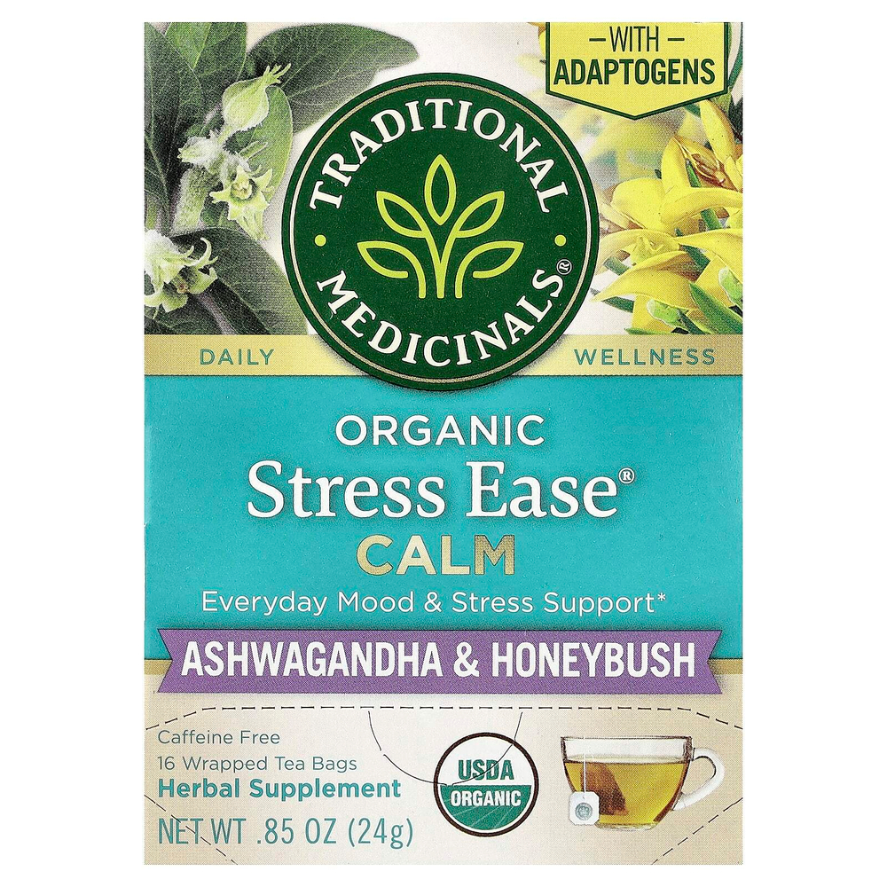 Traditional Medicinals, Organic Stress Ease® Calm, ашваганда и ханибуш, без кофеина, 16 чайных пакетиков в упаковке, 24 г (0,85 унции)