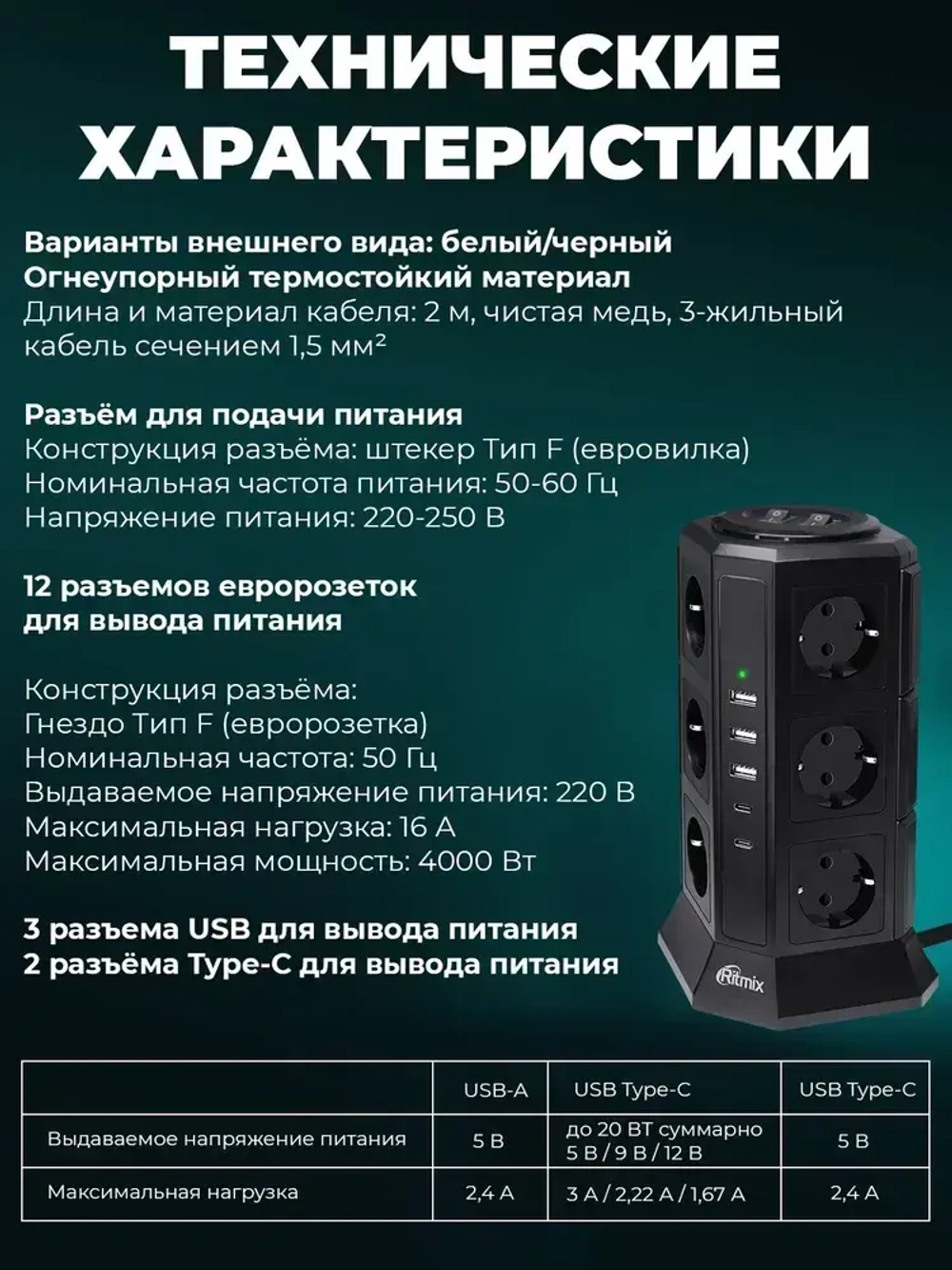 Сетевой фильтр RITMIX RM-2123C Black, 12 розеток, 2 Type-C порта, 3 USB порта, кабель 2 м, 16А, 4000 Вт, 2 кнопки питания