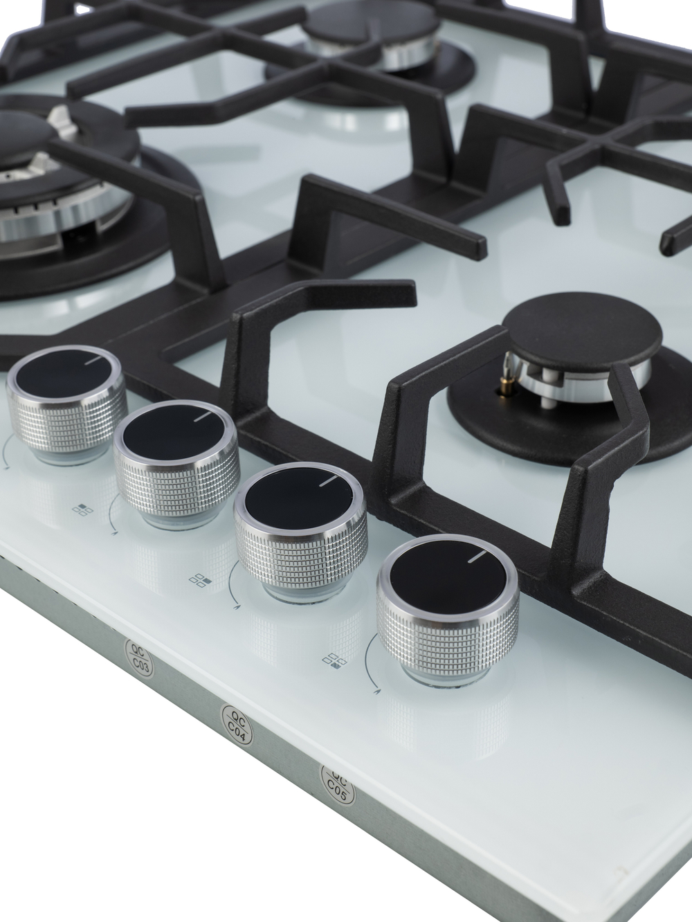 Газовая варочная панель шириной 60 см, Macbi MBH64WFGI.V2-WH с Wok-конфоркой, Белое закаленное стекло, Электроподжиг, Газ-контроль, Решетки из чугуна