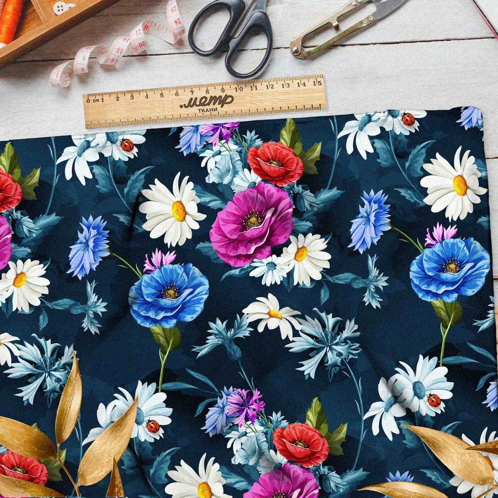 Ткань таффета ромашки и васильки