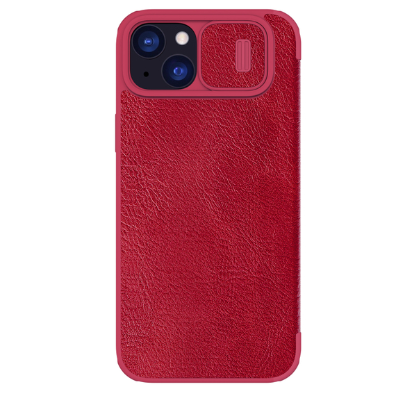 Кожаный чехол книжка красного цвета от Nillkin для смартфона iPhone 15, серия Qin Pro Leather с защитной шторкой для камеры