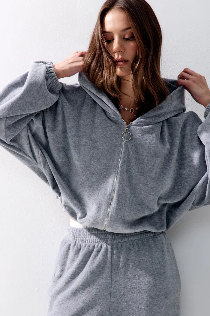 Худи на молнии из велюровой ткани цвета серый меланж