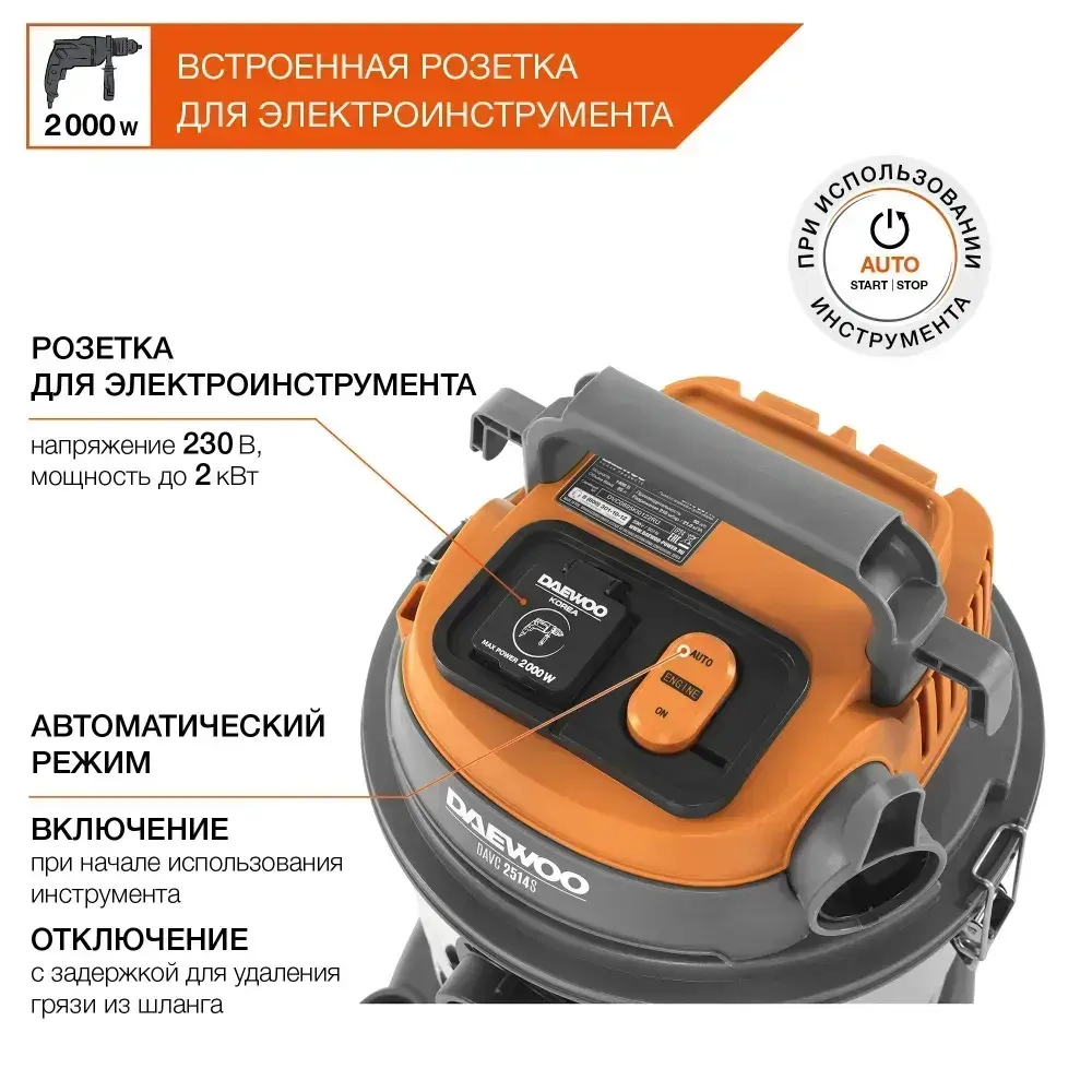 Пылесос универсальный DAEWOO DAVC 2514S (1.4кВт, 25л)