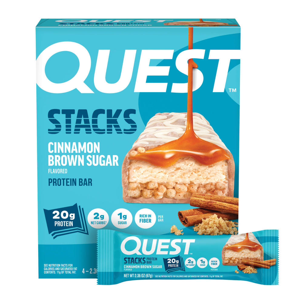 Quest Nutrition, Stacks, протеиновый батончик, корица и коричневый сахар, 4 батончика, 67 г (2,36 унции) каждый