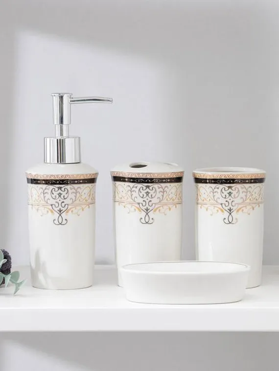 Набор аксессуаров для ванной комнаты Доляна «Золотая роскошь», 4 предмета (дозатор 250 мл, мыльница, 2 стакана)
