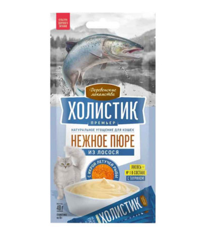 Деревенские лакомства Для кошек Нежное пюре лосось с икрой летучей рыбы (4х10гр.)