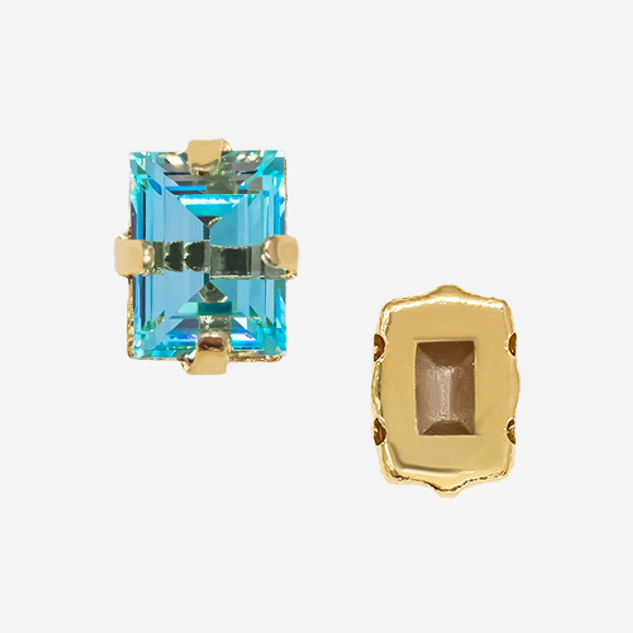 Кристалл Прямоугольник (Step Cut Fancy Stone) в цапах, оттенок "Индиголит"/"Indicolite", 9*7мм, позолота