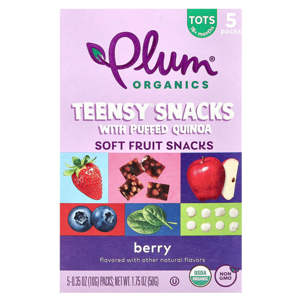 Plum Organics, Teensy Snacks с воздушной киноа, снеки из мягких фруктов, для детей от 18 месяцев, ягоды, 5 упаковок по 10 г (0,35 унции)