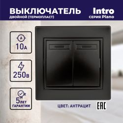 Выключатель Intro Plano 1-104-05 двухклавишный, 10А-250В, IP20, СУ, антрацит