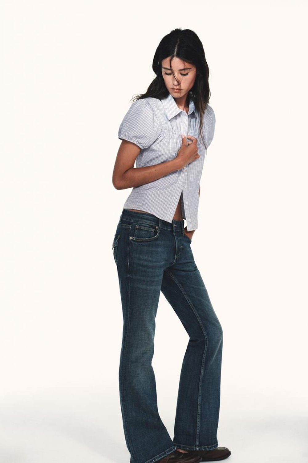 ZARA РУБАШКА ИЗ ПОПЛИНА В КЛЕТКУ, КОРИЧНЕВО-СИНИЙ