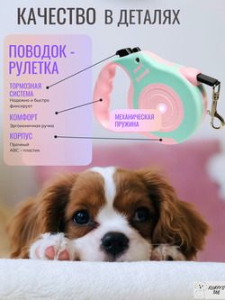 Поводок рулетка 5 м для крупных и средних пород розовый, голубой