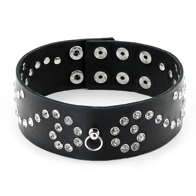 Ошейник широкий со стразами и поводком цепочкой кожа черный