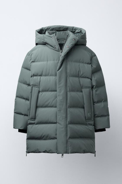 ZARA УДЛИНЕННЫЙ ПУХОВИК WATER REPELLENT С ПЕРОМ И ПУХОМ, СТАЛЬНОЙ СИНИЙ