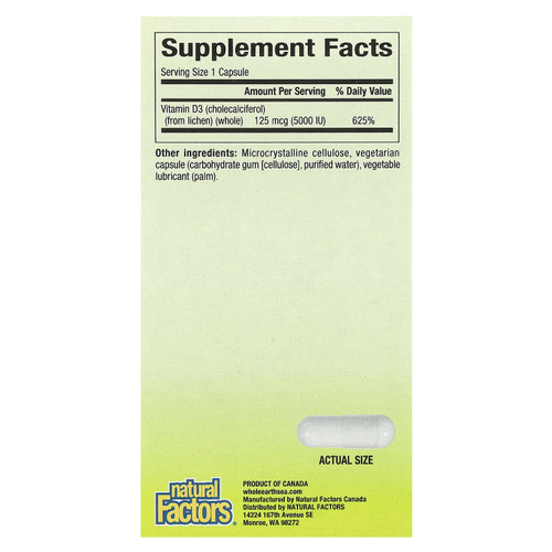 Natural Factors, Whole Earth & Sea, Веганский биоусиленный витамин D3, 5000 МЕ, 60 вегетарианских капсул