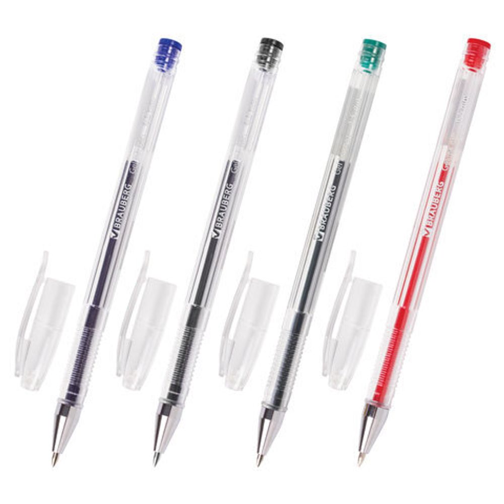 Ручки гелевые BRAUBERG "Jet", НАБОР 4 ЦВЕТА, узел 0,5 мм, линия письма 0,35 мм, 141023