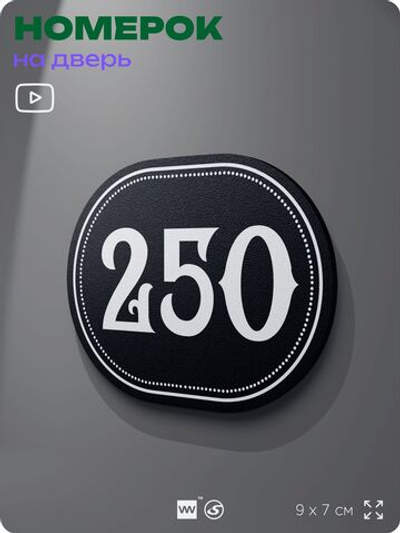 Номерок на дверь квартиры 250, для кабинета, офиса, шильдик 9 х 7 см, черный, Айдентика Технолоджи