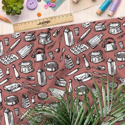 Ткань блэкаут кухонная утварь на коралловом фоне