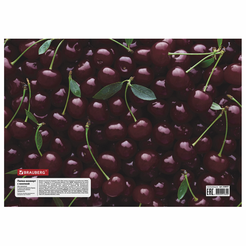 Папка-конверт с кнопкой BRAUBERG "CHERRY" А4 160 мкм до 100 листов цветная печать (12 штук в упаковке)