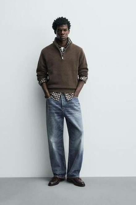 ZARA ШЕРСТЯНОЙ СВИТЕР С ВОРОТНИКОМ НА МОЛНИИ, СЕРОВАТО-КОРИЧНЕВЫЙ