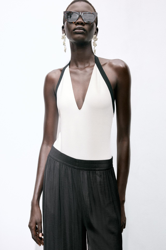 ZARA БОДИ ИЗ ЭЛАСТИЧНОЙ ТКАНИ С КОНТРАСТНЫМИ ДЕТАЛЯМИ,БЕЛЫЙ/ЧЕРНЫЙ