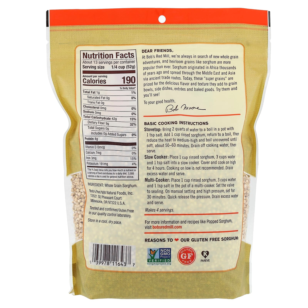 Bob's Red Mill, цельнозерновое, сорго, 680 г (1 фунт 8 унций)