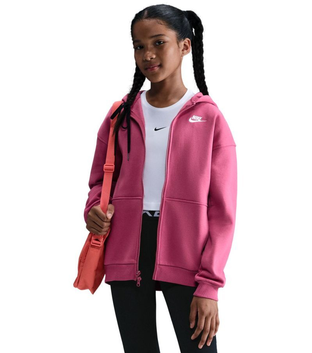 Детская теннисная куртка Nike Kids Sportswear Club Fleece Oversized Full Zip - sweet beet/white