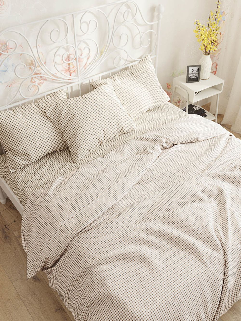 Постельное белье Сказка "Бежевая клеточка" 2-спальный Наволочка 70х70 см 2 шт Простынь 240х215 см Пододеяльник 175х215 см, перкаль