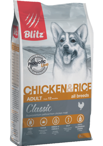 Сухой корм для собак всех пород Blitz Classic Chicken & Rice Adult Dog All Breeds курица и рис, 2 кг
