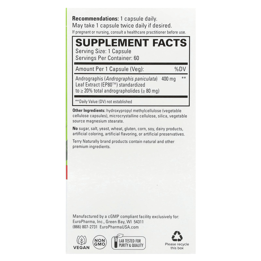 Terry Naturally, андрографис EP80, 400 мг, 60 капсул