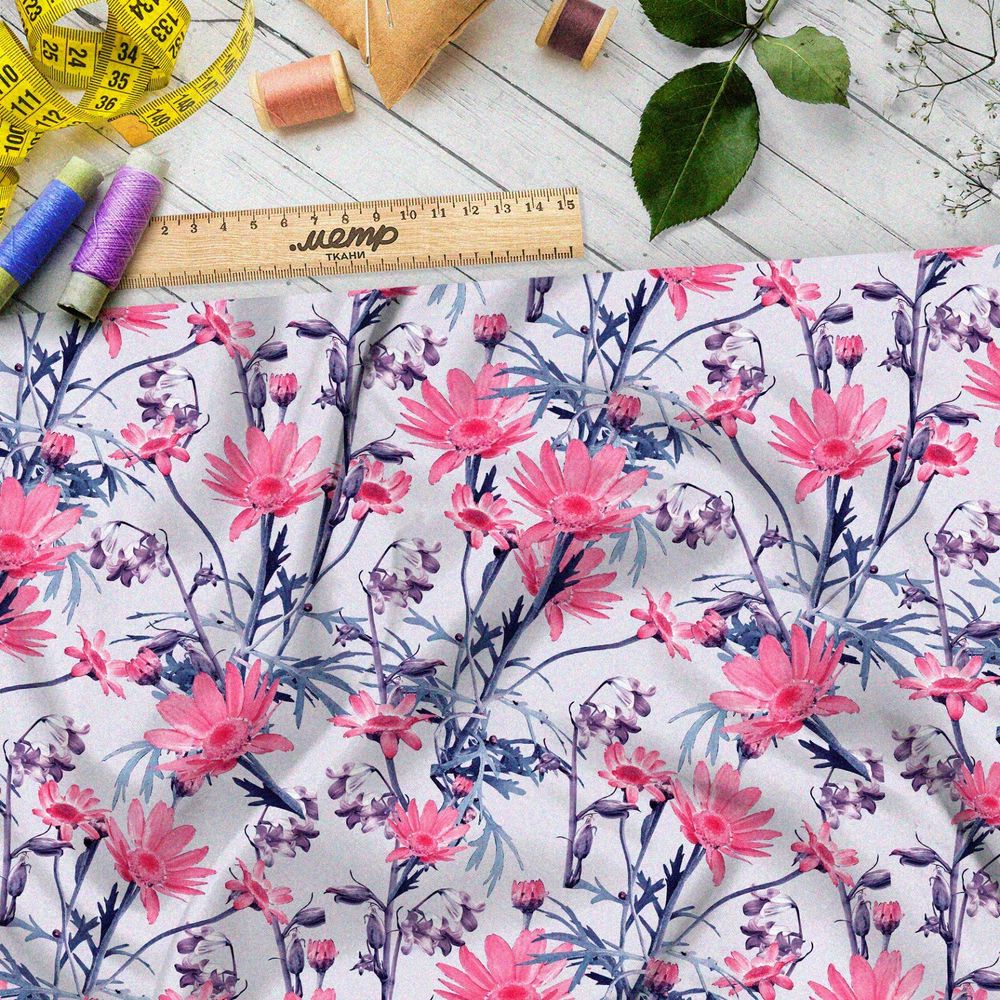 Ткань мембрана розовые ромашки на фиолетовых стеблях