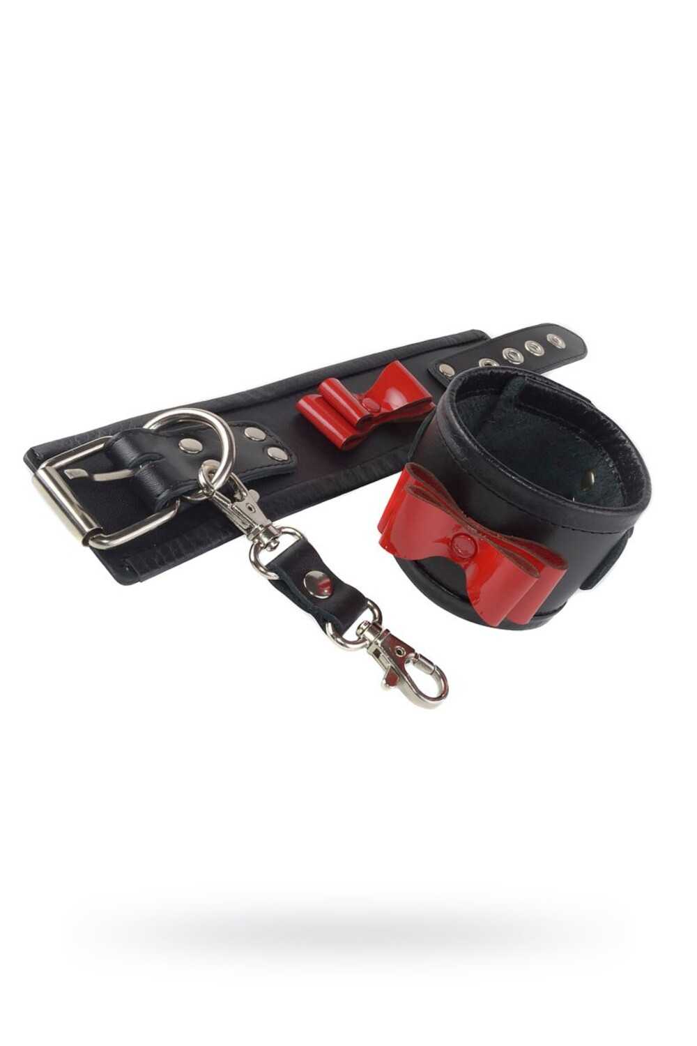 Кожаные наручники с декором лаковый краный бантик