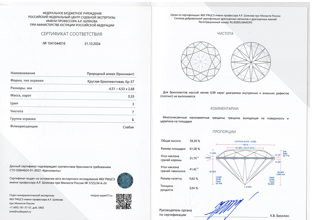 Бриллиант 1041044016 Кр-57-0,33-3/7 Б