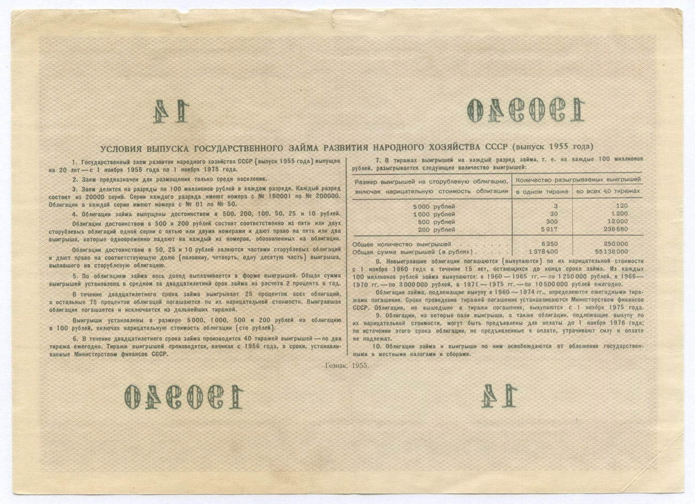 Облигация 100 рублей 1955 год. Серия № 190940. F